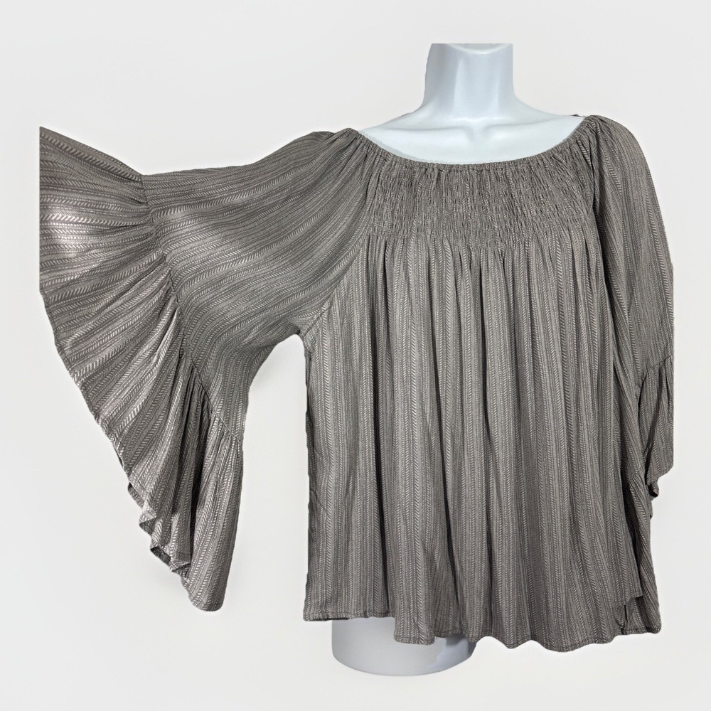 Oddy Smocked Off Shoulder Bell Sleeve Blouse Sz L Gray NWOT Closet Staple